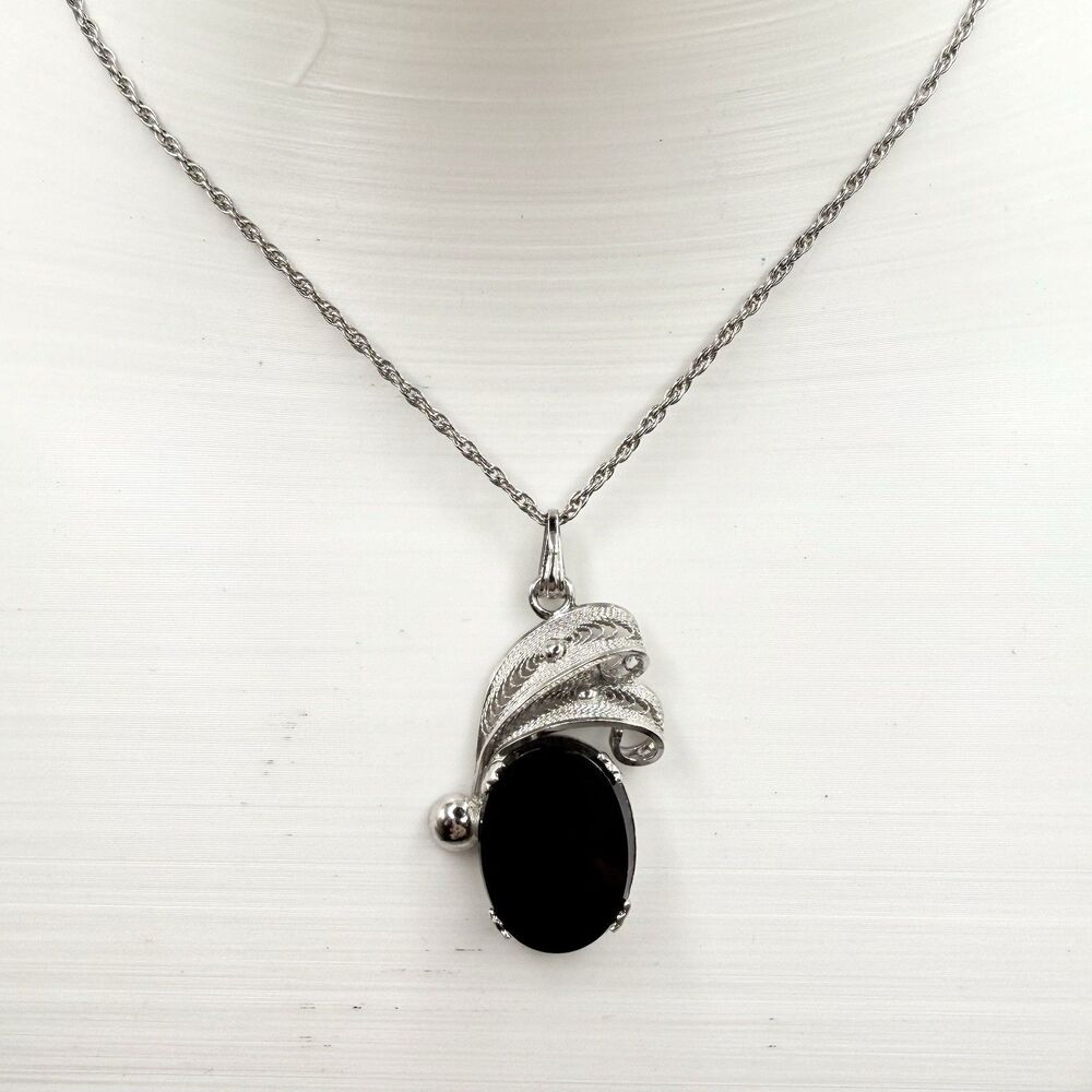 Vintage Sorrento sterling silver 925 Filigree Black Stone Chain Boho Mid Century
